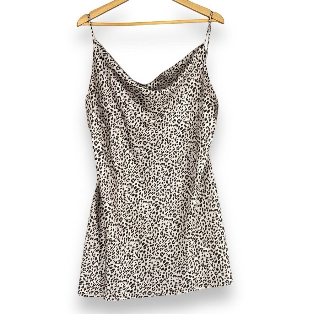 Princess Polly Mini Dress Women 12 Tan Leopard Betta Vanore Cowl Neck Slip Satin